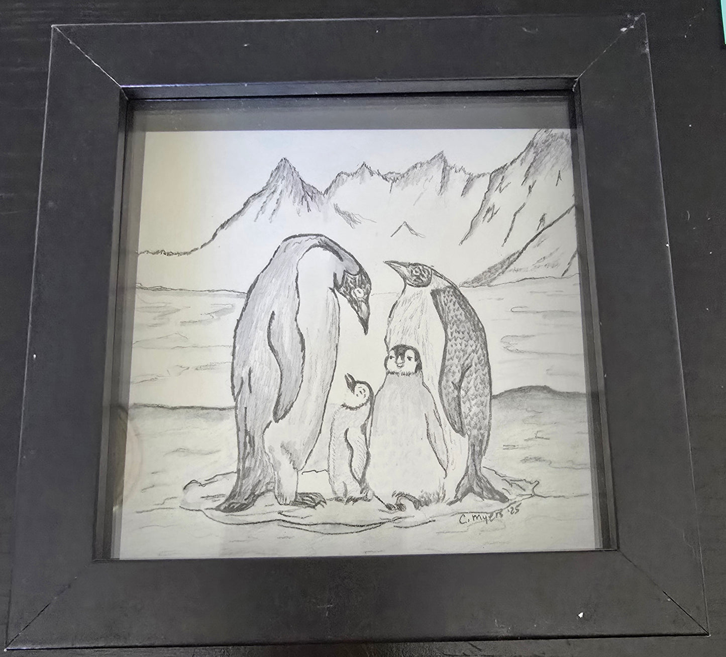 "The Penguins" 6X6 graphite drawing framed