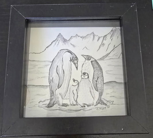 "The Penguins" 6X6 graphite drawing framed