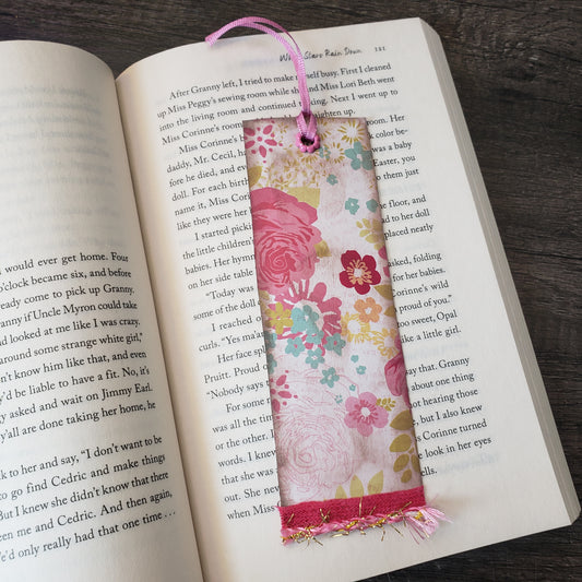"Dusty Roses with the Hot Pink Fringe" Vintage Style Floral Bookmark